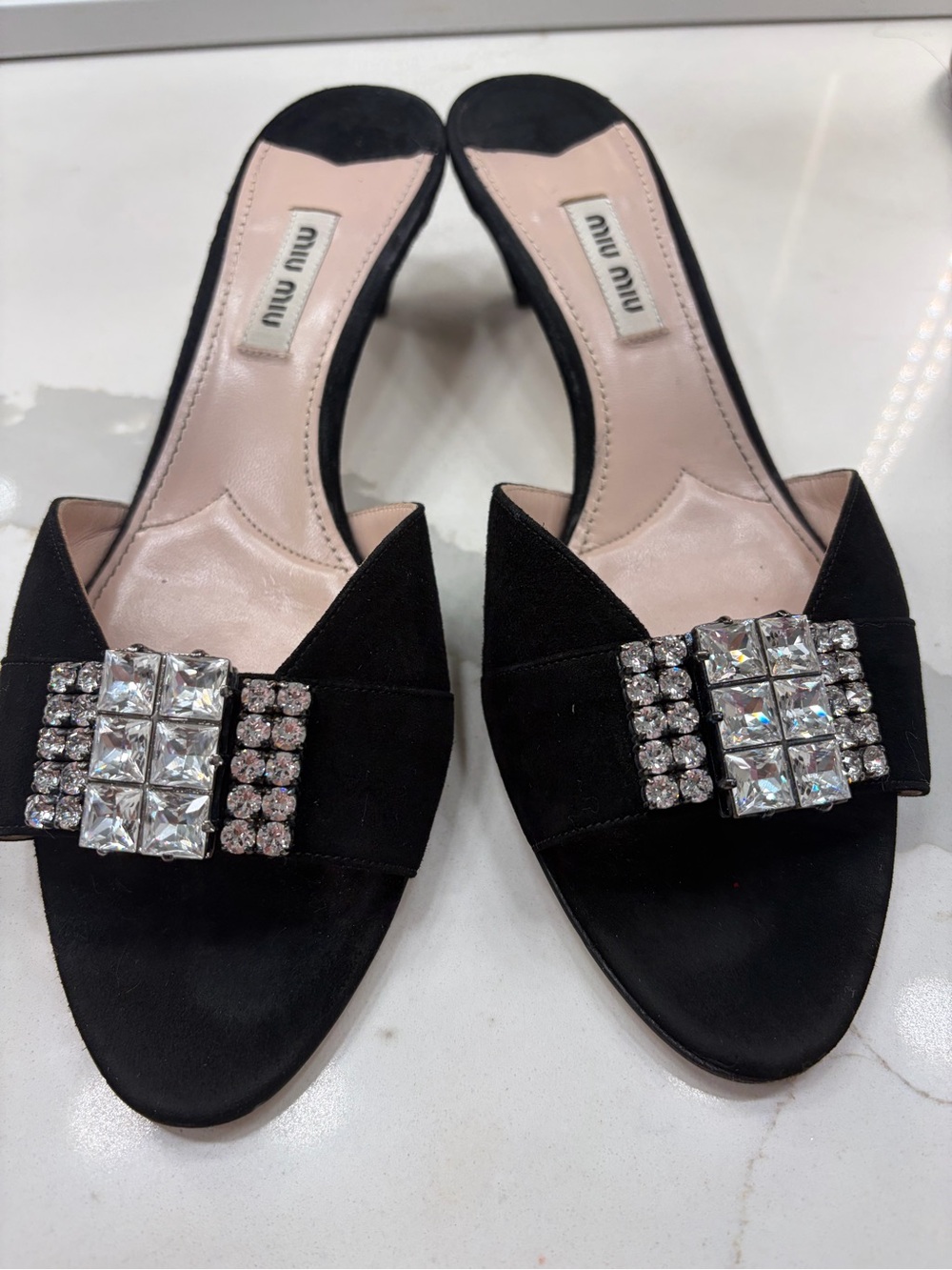 Miu Miu Black Crystal-Embellished Slide Mules